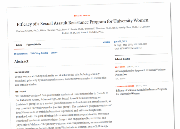 Photo of New England Journal of Medicine article on Efficacy of Sexual Assault Resistance Program for Univeristy Women